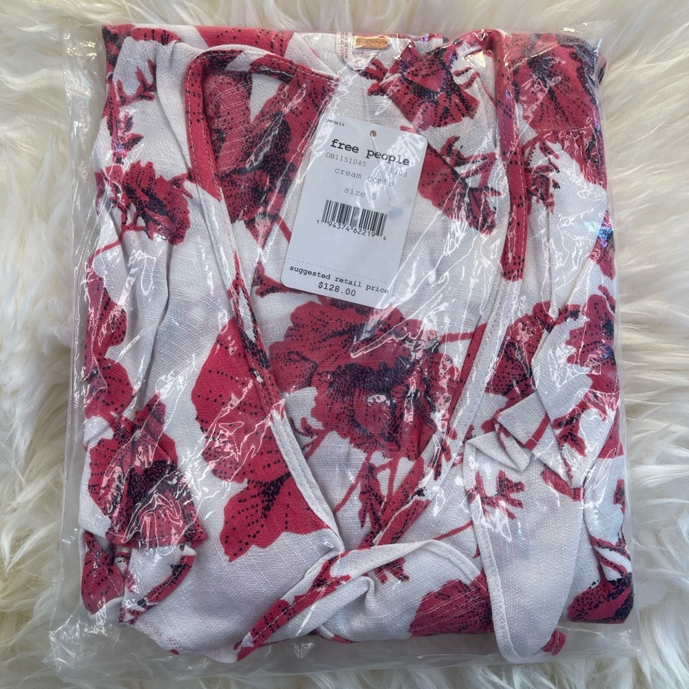 Free People French Quarter Print Wrap Flutter Sleeve Minidress, Pink Cream Combo - Picture 7 of 8